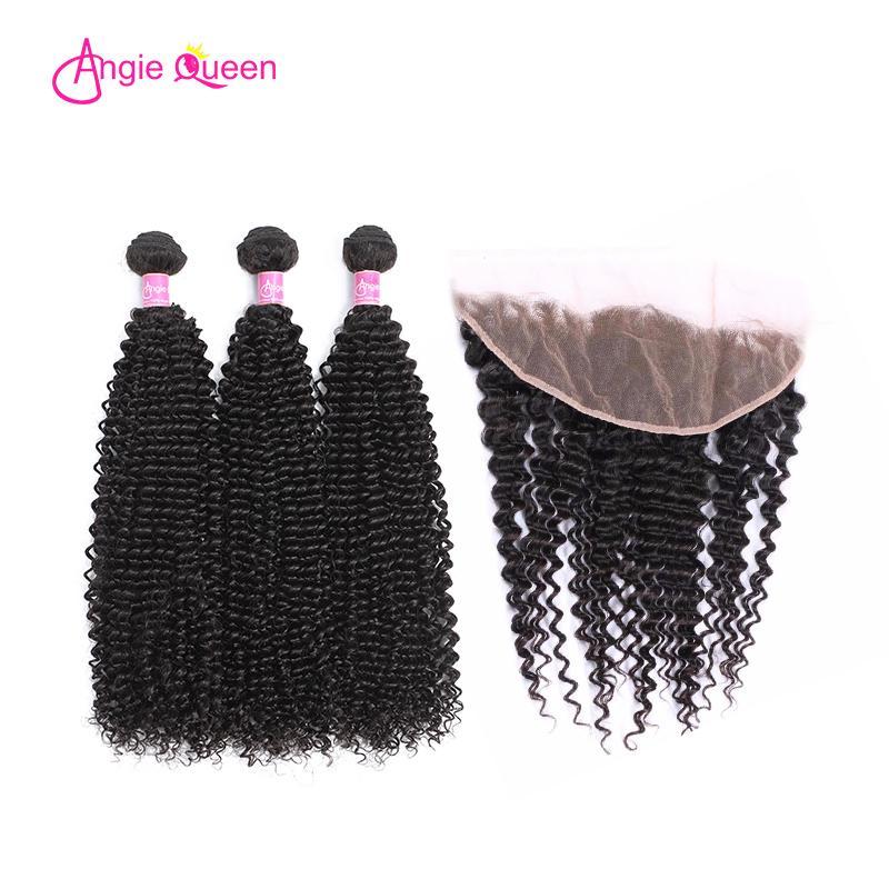 Angie Queen 4 Bundles with Frontal Malaysian Curly Virgin Human Hair Weave Bundles