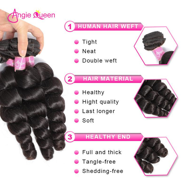 Angie Queen 3 Bundles Indian Loose Wave Virgin Human Hair Weave Bundles