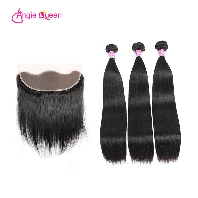 Angie Queen 3 Bundles with Frontal Brazilian Silky Straight Virgin Human Hair Weave Bundles