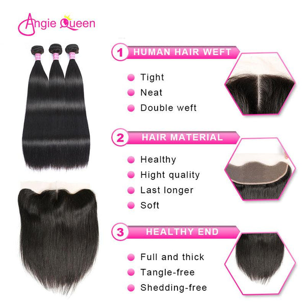 Angie Queen 4 Bundles with Frontal Peruvian Silky Straight Virgin Human Hair Weave Bundles
