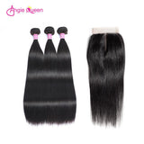 Angie Queen 4 Bundles with Closure Malaysian Silky Straight Virgin Human Hair Weave Bundles