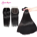 Angie Queen 4 Bundles with Closure Peruvian Silky Straight Virgin Human Hair Weave Bundles