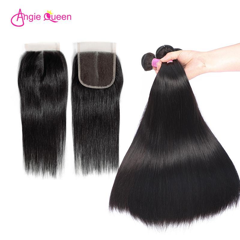 Angie Queen 3 Bundles with Closure Peruvian Silky Straight Virgin Human Hair Weave Bundles