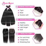 Angie Queen 3 Bundles with Closure Malaysian Silky Straight Virgin Human Hair Weave Bundles