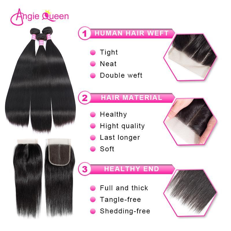 Angie Queen 3 Bundles with Closure Indian Silky Straight Virgin Human Hair Weave Bundles