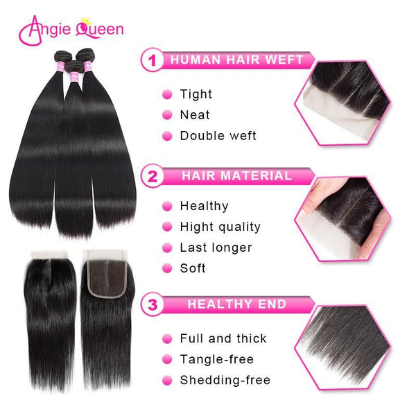 Angie Queen 4 Bundles with Closure Brazilian Silky Straight Virgin Human Hair Weave Bundles