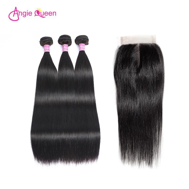 Angie Queen 3 Bundles with Closure Indian Silky Straight Virgin Human Hair Weave Bundles