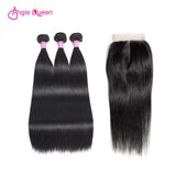 Angie Queen 3 Bundles with Closure Peruvian Silky Straight Virgin Human Hair Weave Bundles