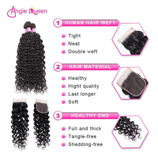 Angie Queen 4 Bundles with Closure Indian Water Wave Virgin Human Hair Weave Bundles