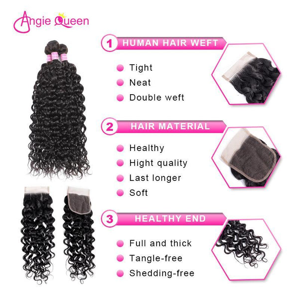 Angie Queen 3 Bundles with Closure Malaysian Water Wave Virgin Human Hair Weave Bundles