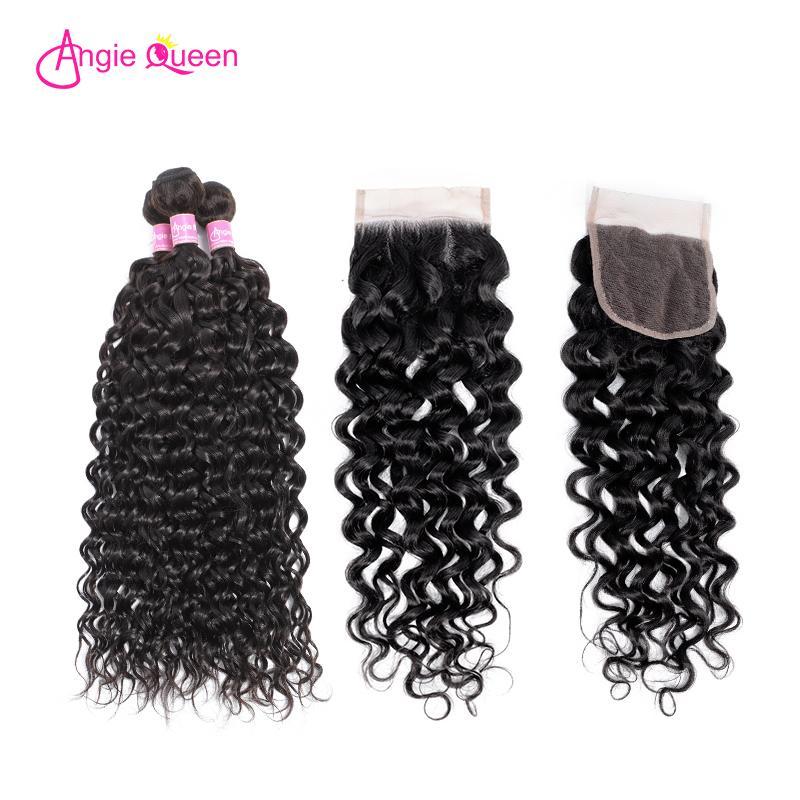 Angie Queen 3 Bundles with Closure Brazilian Water Wave Virgin Human Hair Weave Bundles