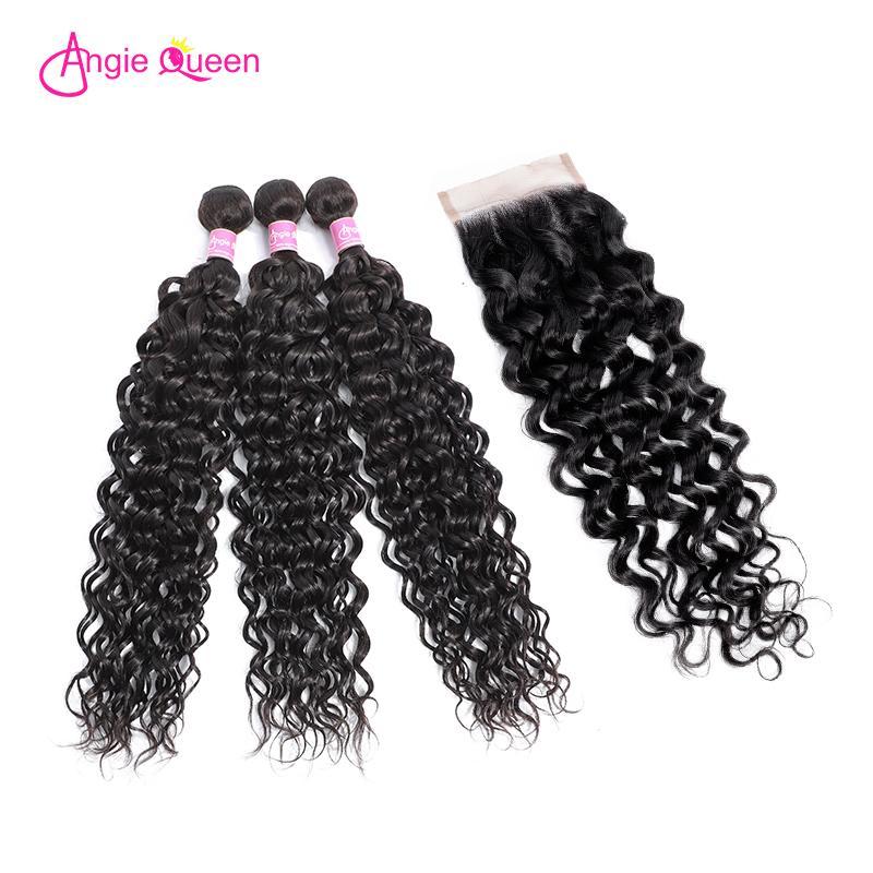 Angie Queen 3 Bundles with Closure Brazilian Water Wave Virgin Human Hair Weave Bundles