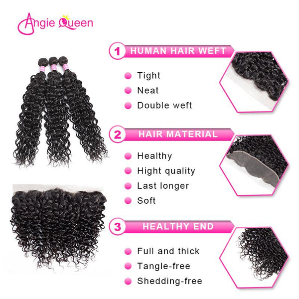 Angie Queen 3 Bundles with Frontal Indian Water Wave Virgin Human Hair Weave Bundles