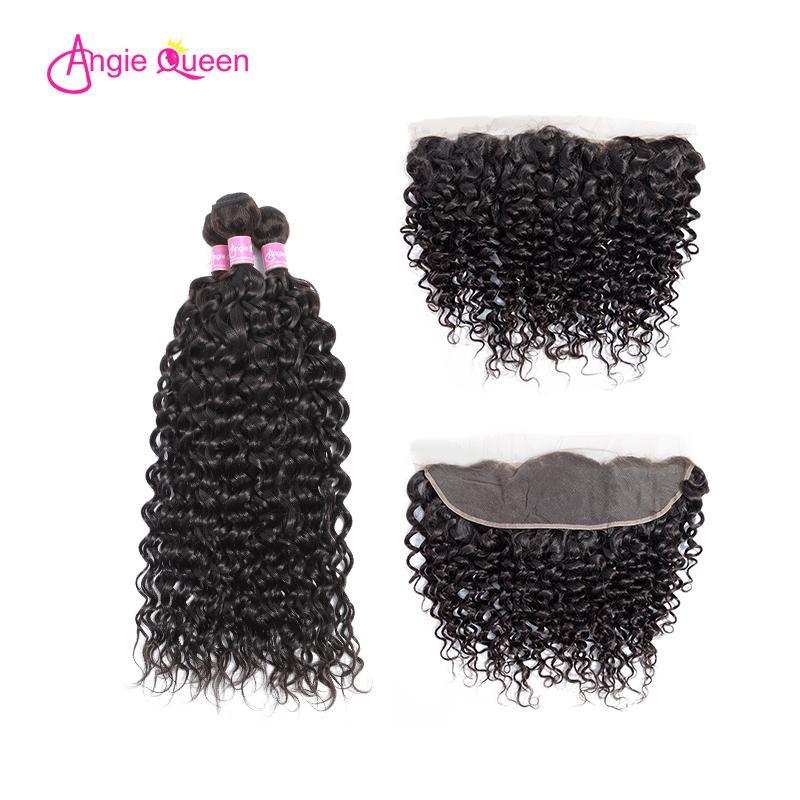 Angie Queen 3 Bundles with Frontal Peruvian Water Wave Virgin Human Hair Weave Bundles
