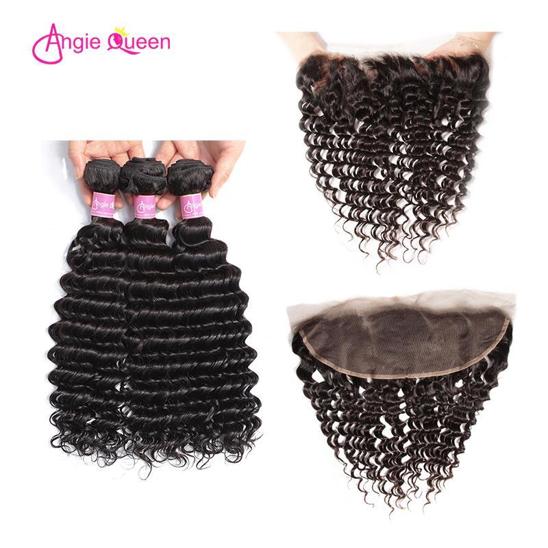 Angie Queen 4 Bundles with Frontal Indian Deep Wave Virgin Human Hair Weave Bundles