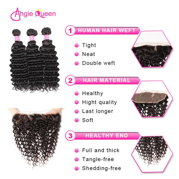 Angie Queen 3 Bundles with Frontal Brazilian Deep Wave Virgin Human Hair Weave Bundles