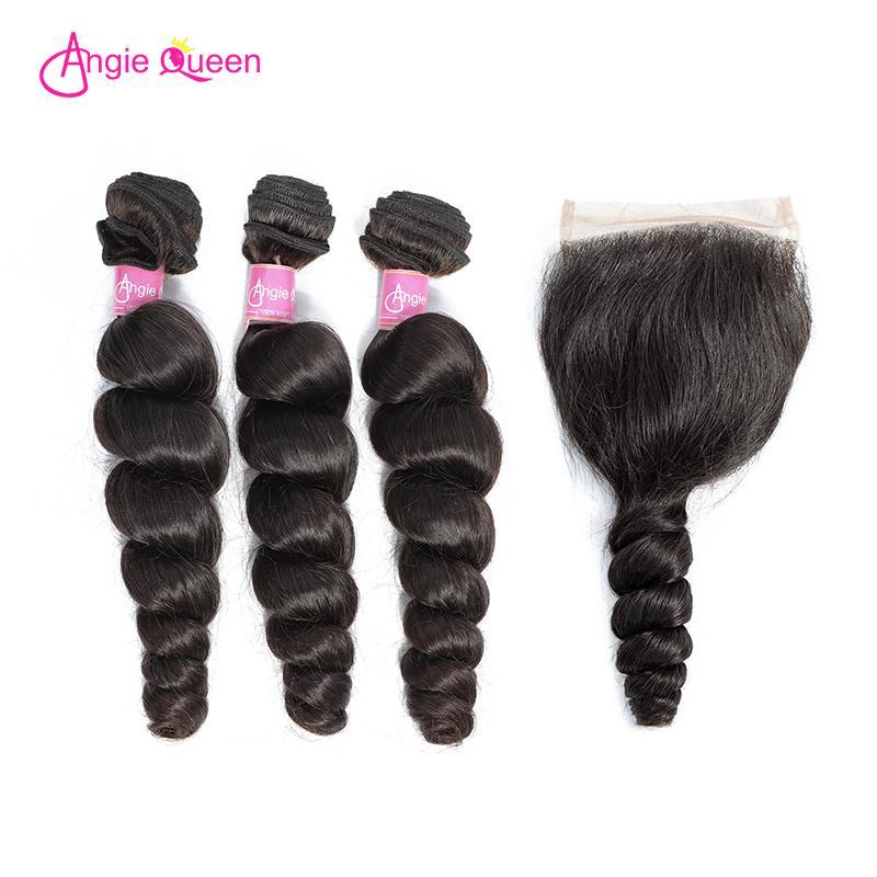 Angie Queen 4 Bundles with Closure Indian Loose Wave Virgin Human Hair Weave Bundles