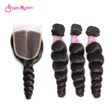 Angie Queen 3 Bundles with Closure Malaysian Loose Wave Virgin Human Hair Weave Bundles