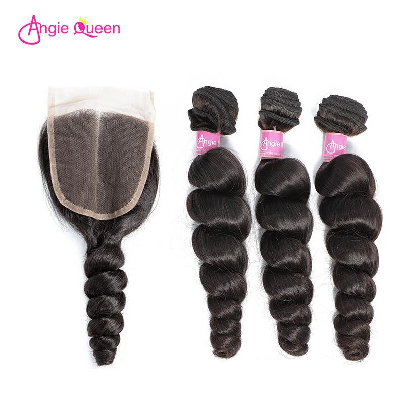 Angie Queen 4 Bundles with Closure Indian Loose Wave Virgin Human Hair Weave Bundles