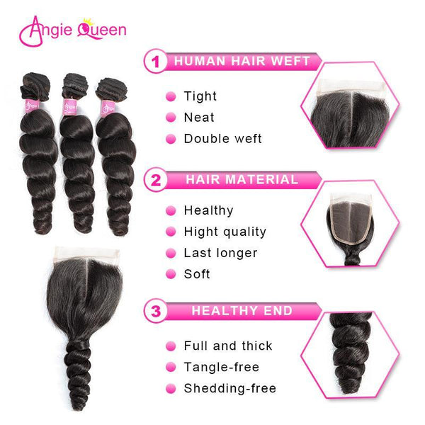 Angie Queen 4 Bundles with Closure Peruvian Loose Wave Virgin Human Hair Weave Bundles