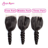 Angie Queen 3 Bundles with Closure Peruvian Loose Wave Virgin Human Hair Weave Bundles