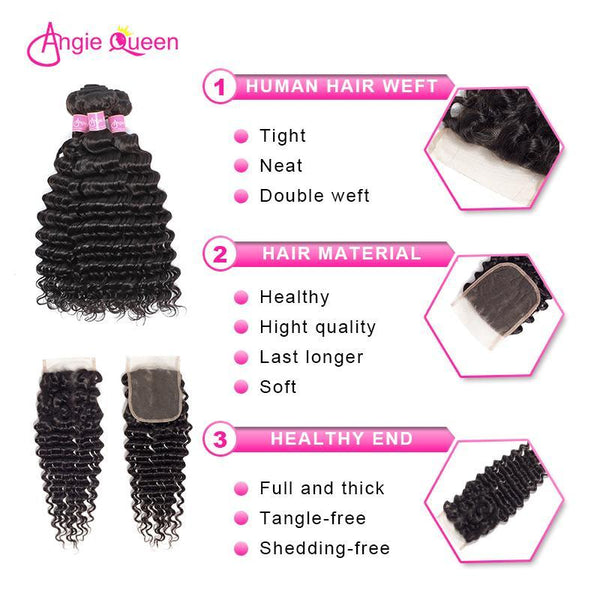 Angie Queen 4 Bundles with Closure Indian Deep Wave Virgin Human Hair Weave Bundles