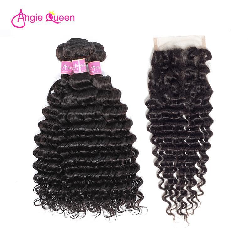 Angie Queen 3 Bundles with Closure Brazilian Deep Wave Virgin Human Hair Weave Bundles