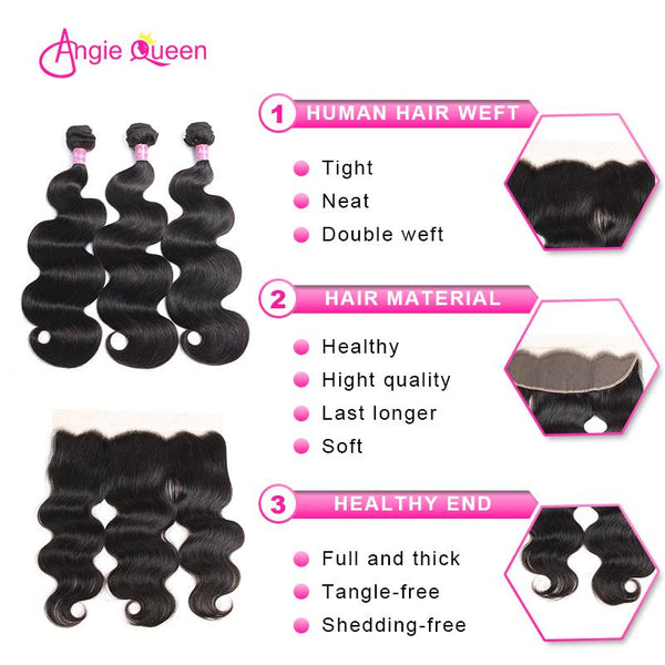 Angie Queen 3 Bundles with Frontal Peruvian Body Wave Virgin Human Hair Weave Bundles