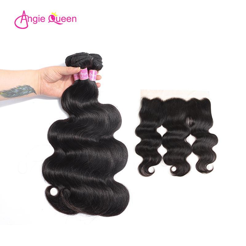 Angie Queen 3 Bundles with Frontal Indian Body Wave Virgin Human Hair Weave Bundles