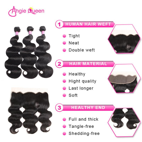 Angie Queen 4 Bundles with Frontal Indian Body Wave Virgin Human Hair Weave Bundles