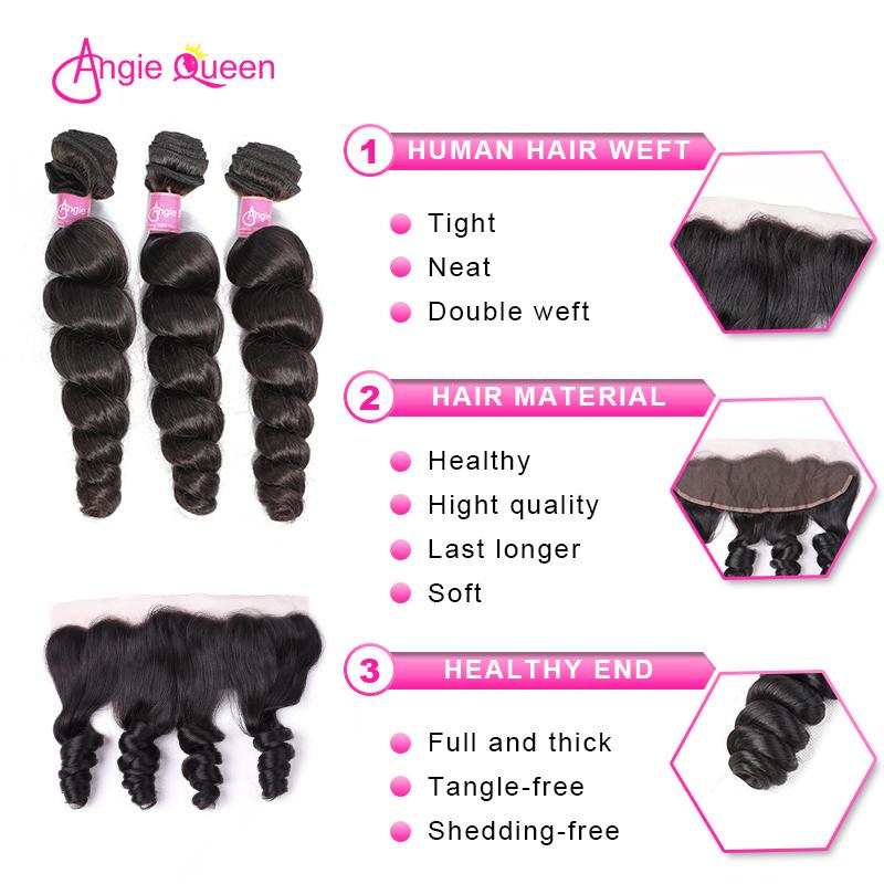 Angie Queen 3 Bundles with Frontal Peruvian Loose Wave Virgin Human Hair Weave Bundles