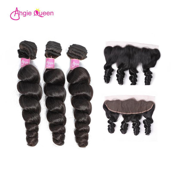 Angie Queen 3 Bundles with Frontal Indian Loose Wave Virgin Human Hair Weave Bundles