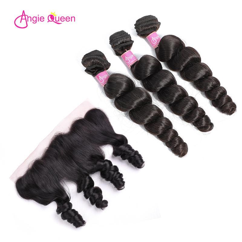 Angie Queen 4 Bundles with Frontal Malaysian Loose Wave Virgin Human Hair Weave Bundles