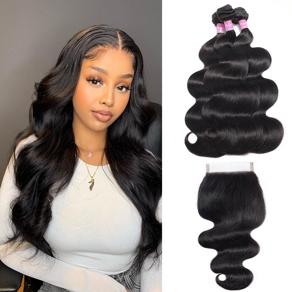 Angie Queen 4 Bundles with Closure Peruvian Body Wave Virgin Human Hair Weave Bundles