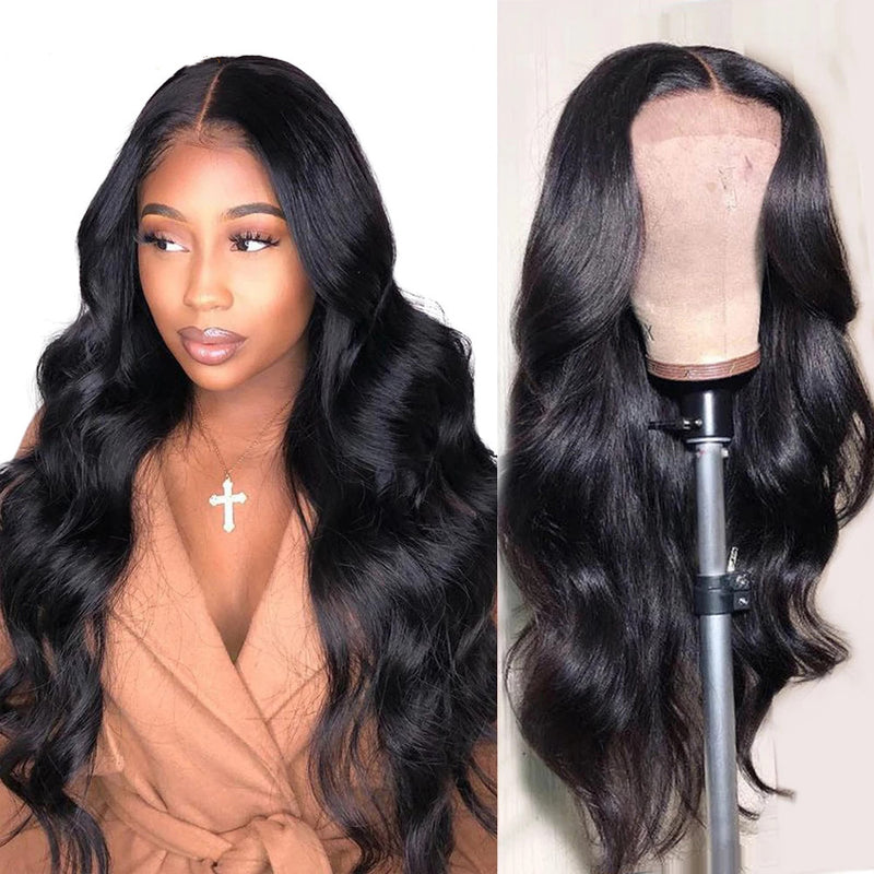 Angie Queen 4*4 Lace Closure Wigs Malaysian Body Wave Human Hair Wigs 180% Density Pre-plucked
