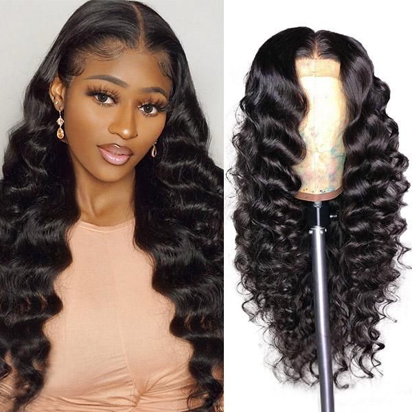 Angie Queen 4*4 Lace Closure Wigs Peruvian Loose Deep Wave Human Hair Wigs 180% Density Pre-plucked