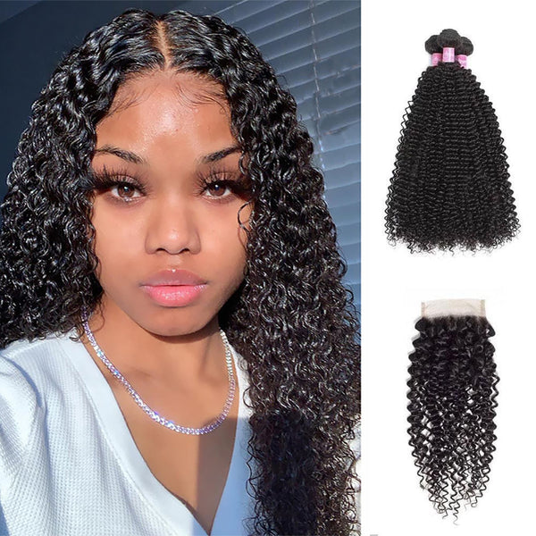 Angie Queen 3 Bundles with Closure Brazilian Curly Virgin Human Hair Weave Bundles