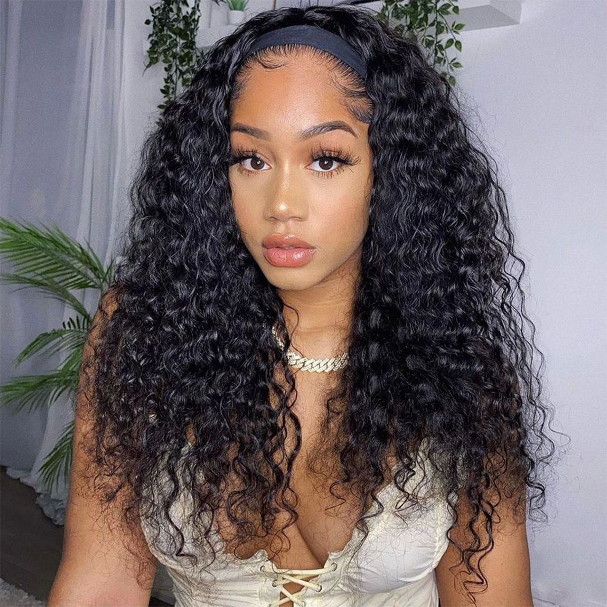 AngieQueen Deep Wave Human Hair Wig Glueless Wig Brazilian Virgin Hair Machine Made Headband Wig 180% Density