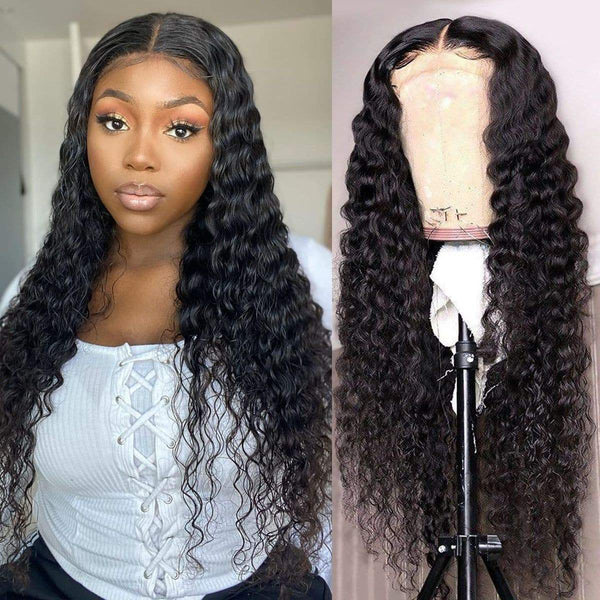 Angie Queen 4*4 Lace Closure Wigs Peruvian Deep Wave Human Hair Wigs 180% Density Pre-plucked