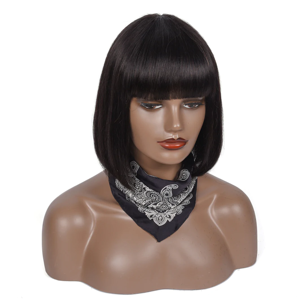 Angie Queen Full Machine Made Glueless Wig with Bangs Remy Straight Human Hair Bob Wig