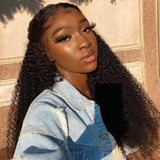 Angiequeen 13x1 T Part HD Lace Wig Curly Wave Virgin Hair Long Transparent Pre-plucked Wig