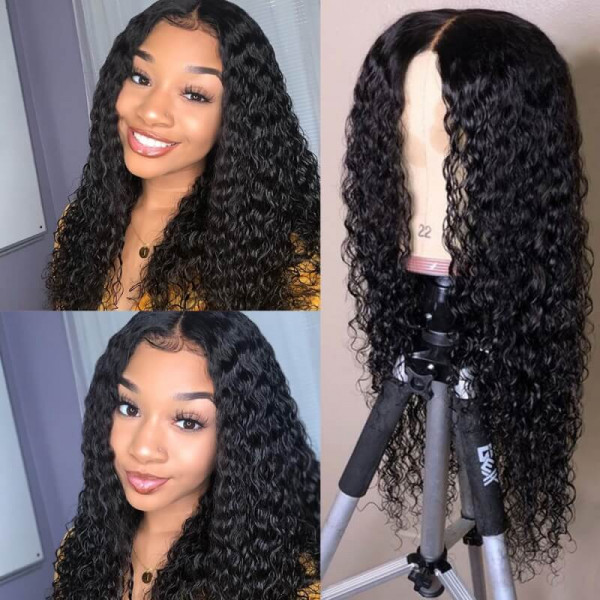 Angie Queen 4*4 Lace Closure Wigs Peruvian Water Wave Human Hair Wigs 180% Density Pre-plucked