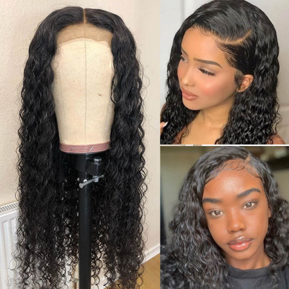 Angie Queen 4*4 Lace Closure Wigs Peruvian Water Wave Human Hair Wigs 180% Density Pre-plucked
