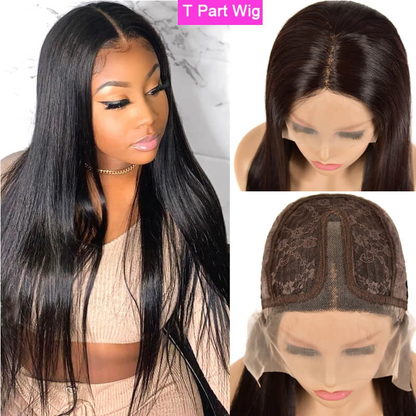 AngieQueen 13x4 T Part Lace Front Wigs Malaysian Silky Straight Human Hair Wigs 180% Density Pre-plucked
