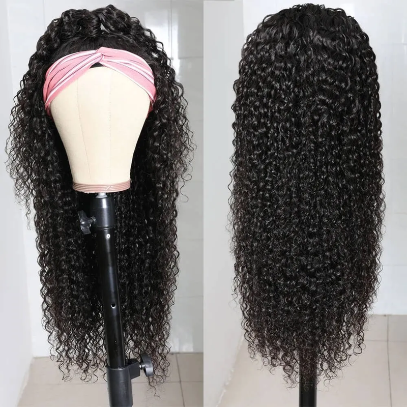 AngieQueen Jerry Curly Human Hair Wig Glueless Wig Brazilian Virgin Hair Machine Made Headband Wig 180% Density