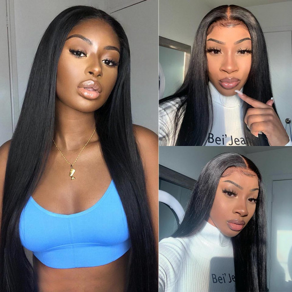 Angie Queen 4*4 Lace Closure Wigs Perruques de cheveux humains droits brésiliens 180% de densité pré-collés