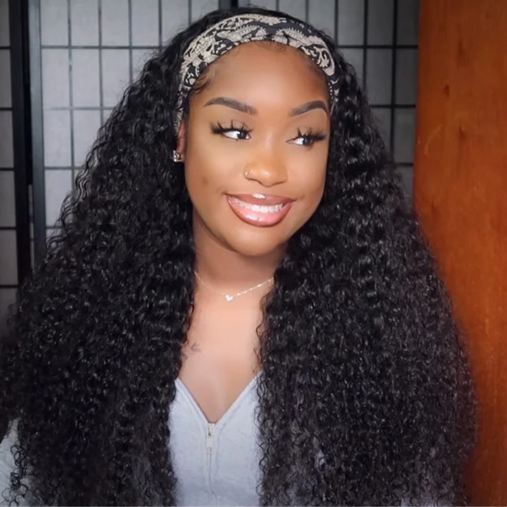 AngieQueen Jerry Curly Human Hair Wig Glueless Wig Brazilian Virgin Hair Machine Made Headband Wig 180% Density