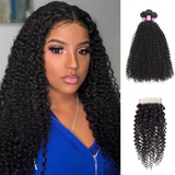 Angie Queen 3 Bundles with Closure Peruvian Curly Virgin Human Hair Weave Bundles