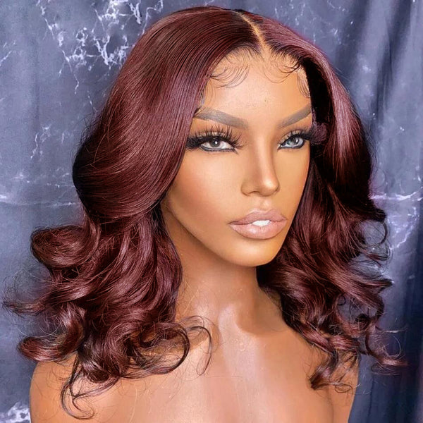 Angie Queen 10A Reddish Brown Short Body Wave 13x4 Lace Front Wigs 14 Inches