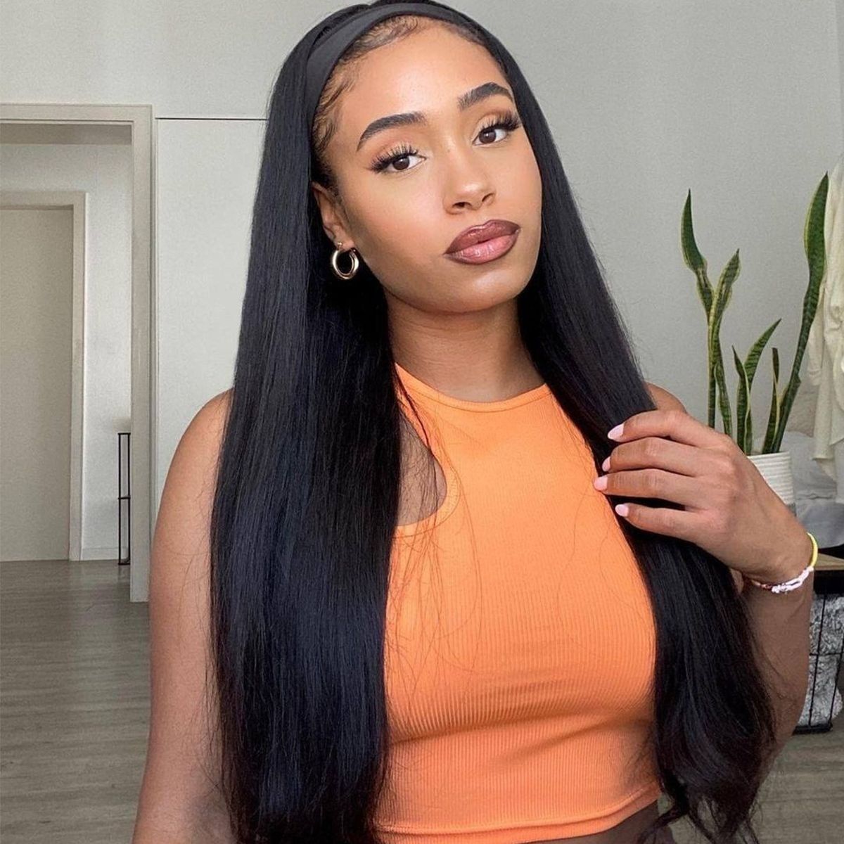 AngieQueen Straight Human Hair Wig Glueless Wig Brazilian Virgin Hair Machine Made Headband Wig 180% Density